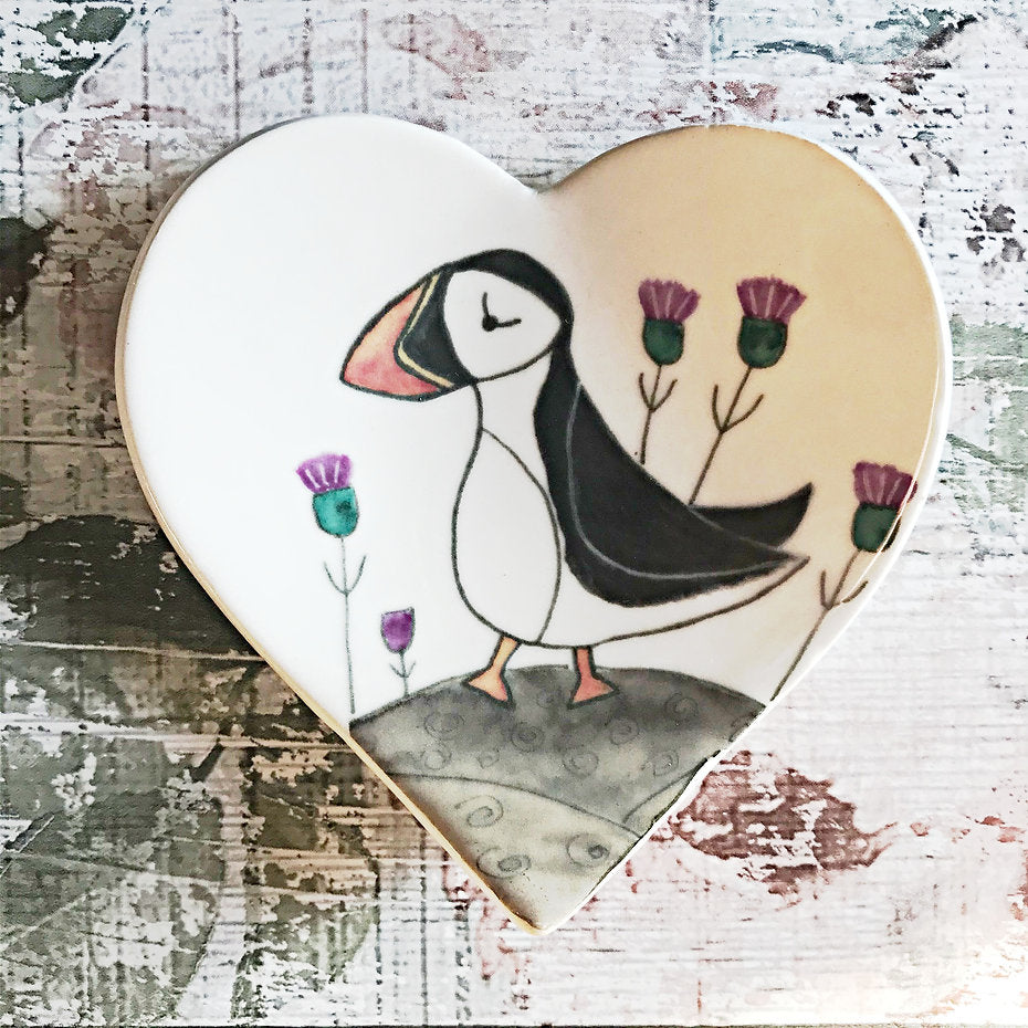 'Calum the Puffin in the Thistle Patch'  Heart Shaped Trinket Dish