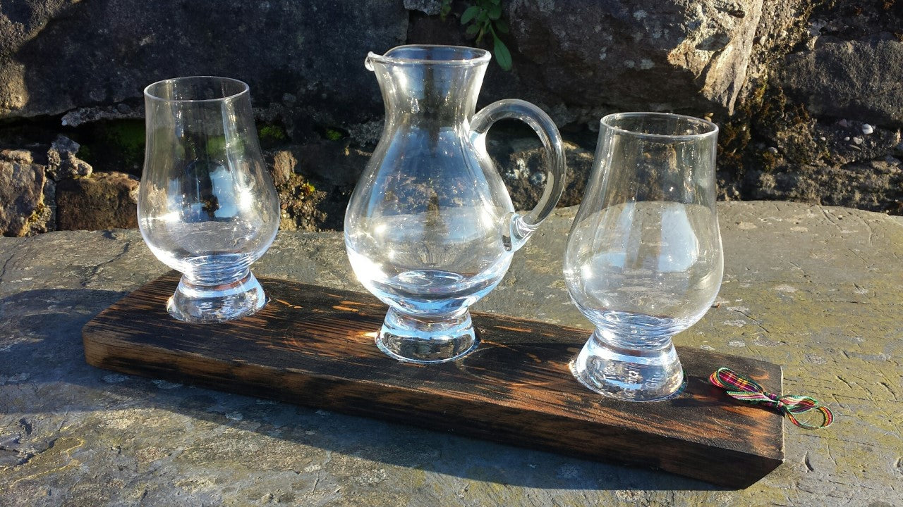 Whisky Tasting Glass Set (2 Glasses 1 Jug) on upcycled whisky stave tray