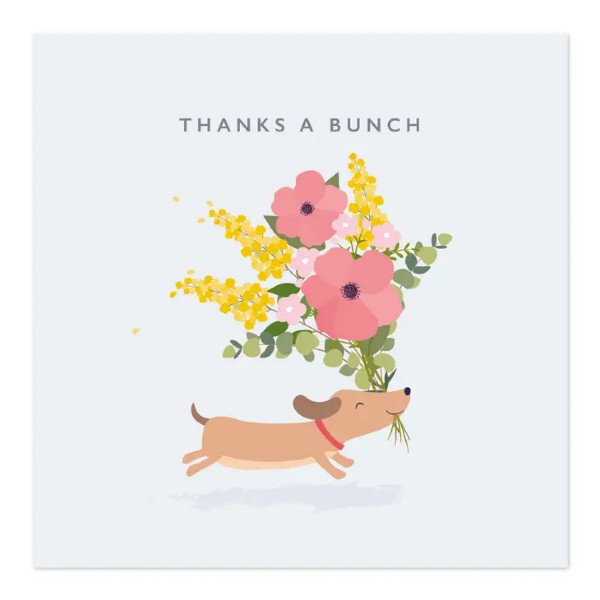 Thanks a Bunch Card - Little Dog with Flowers by Klara Hawkins
