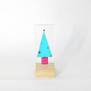 Xmas Trees on Wood, Handmade by Gill Chesnutt Artisan Glass