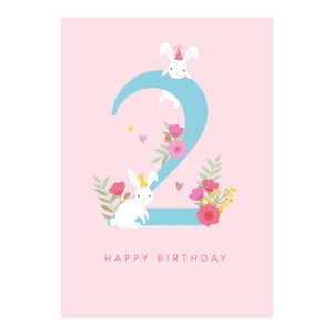 Happy Birthday Card - Age 2 Bunnies
