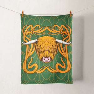 Art Nouveau Highland Cow Tea Towel Tea Towel designed by Brave Scottish Gifts