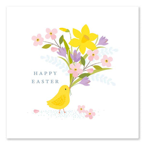 Happy Easter Chick with Flowers by Klara Hawkins