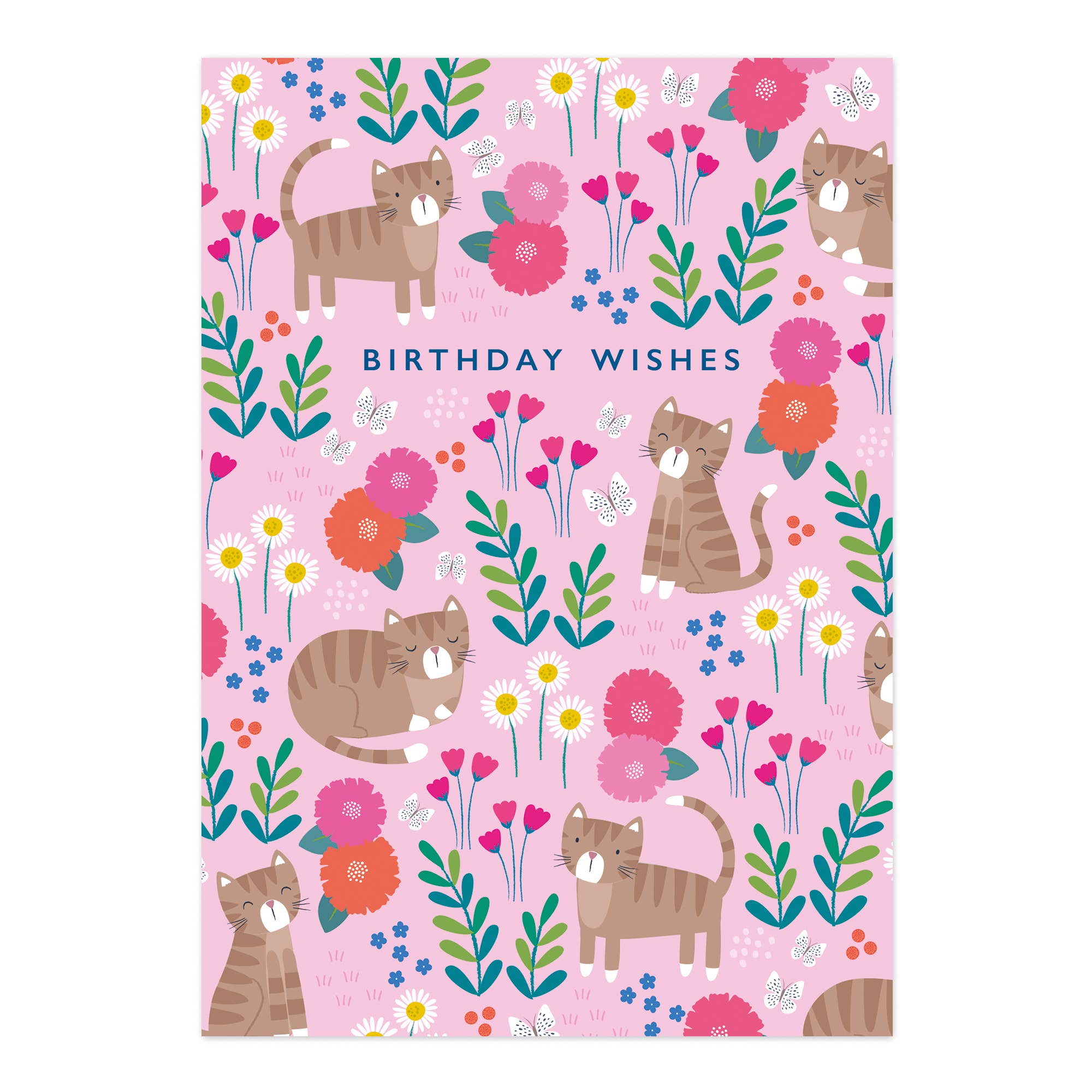 Birthday Wishes Card /  Cute Tabby Cat and Floral Pattern