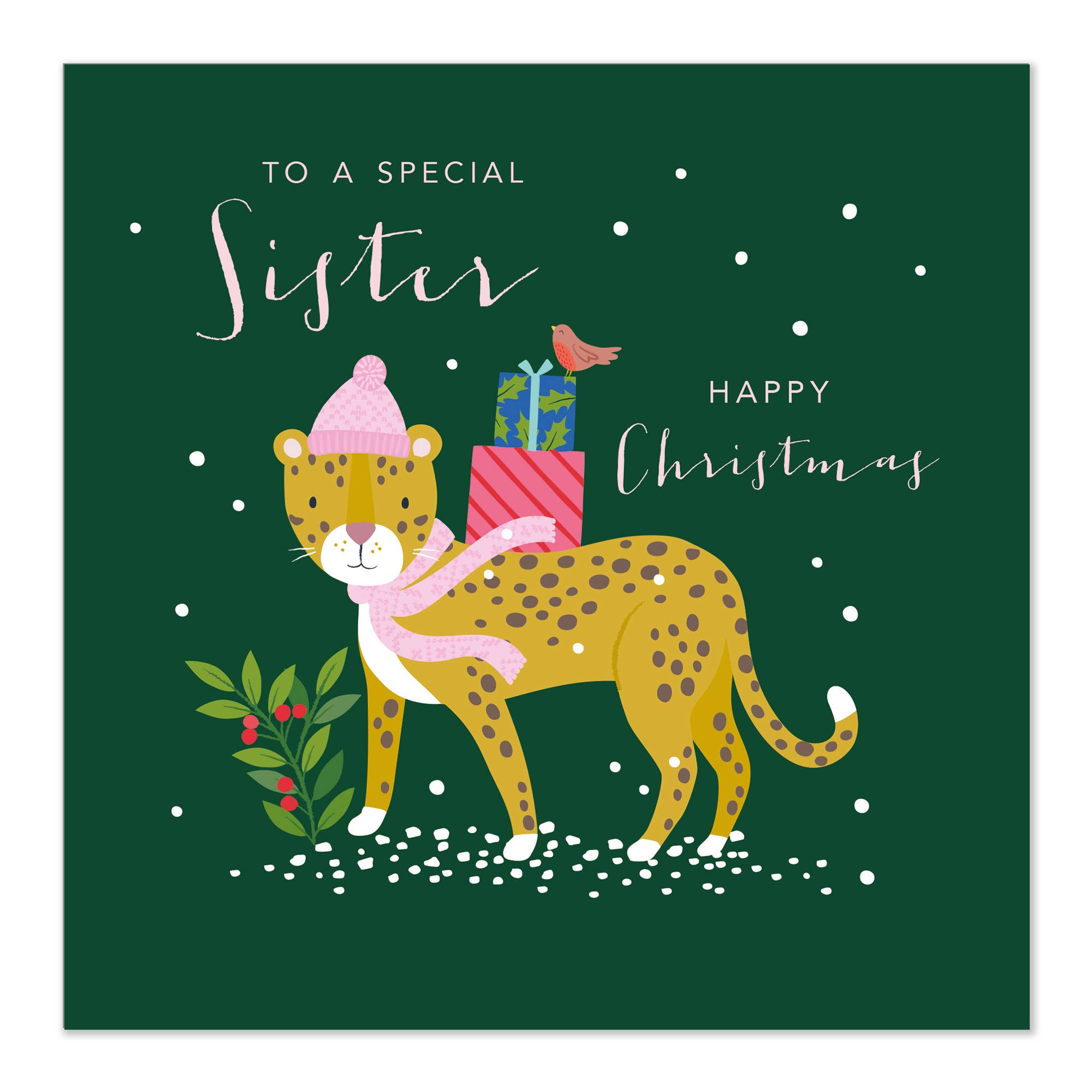 SISTER Christmas Card - Leopard with Hat & Scarf by Klara Hawkins