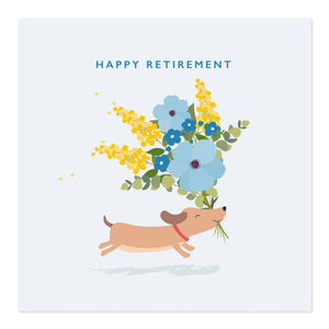 Happy Retirement Greetings Card - Little Dog with Flowers by Klara Hawkins