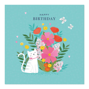 Happy Birthday Card | Pretty Cat with Flowers